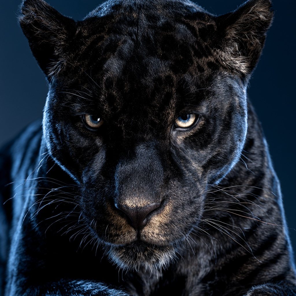 Head-on portrait of a black panther against a dark background. Faint ghost rosettes show in the black coat. The photograph does not say whether this is a leopard or a jaguar.